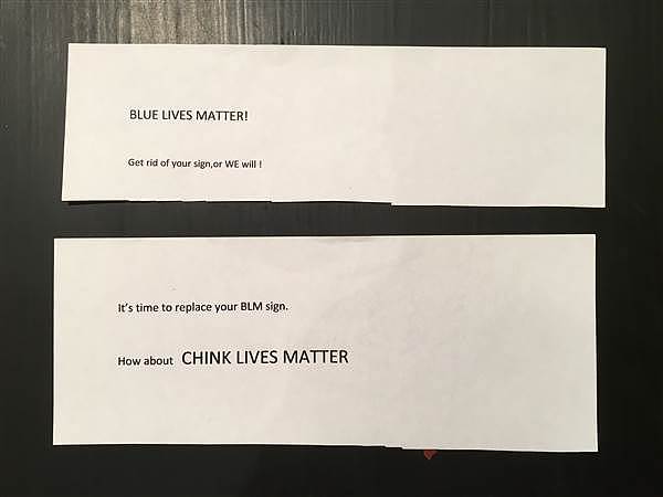 旧金山华人家庭支持BLM 收到匿名侮辱性纸条(组图) - 2