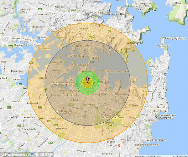 Australia is in the firing line if Donald Trump and Kim Jong-un's war of words sparks a military showdown between the nuclear powers (pictured is a blast radius projection if North Korea's most powerful nuclear weapon hit Sydney)