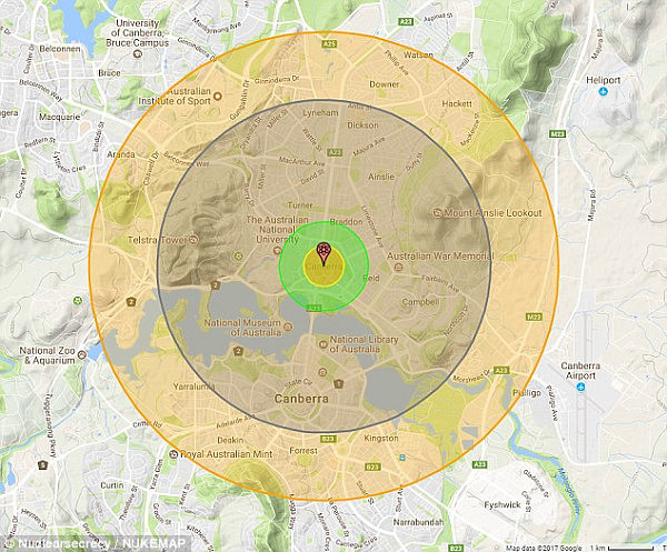 A projection of the blast radius if a North Korean nuclear missile hit the Canberra city centre