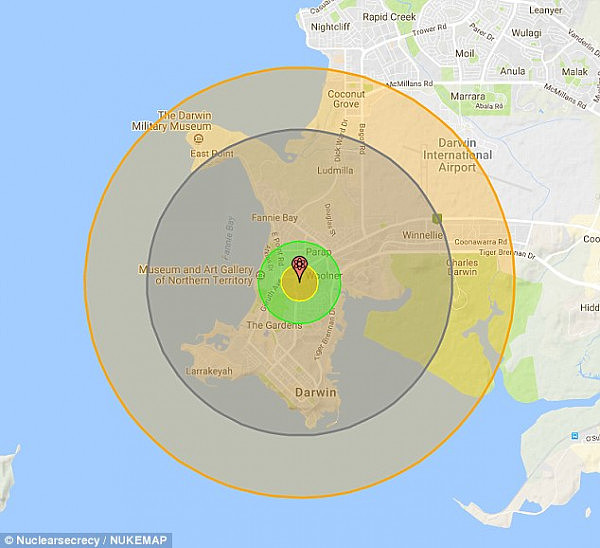 A projection of the blast radius if a North Korean nuclear missile hit north of the Darwin city centre