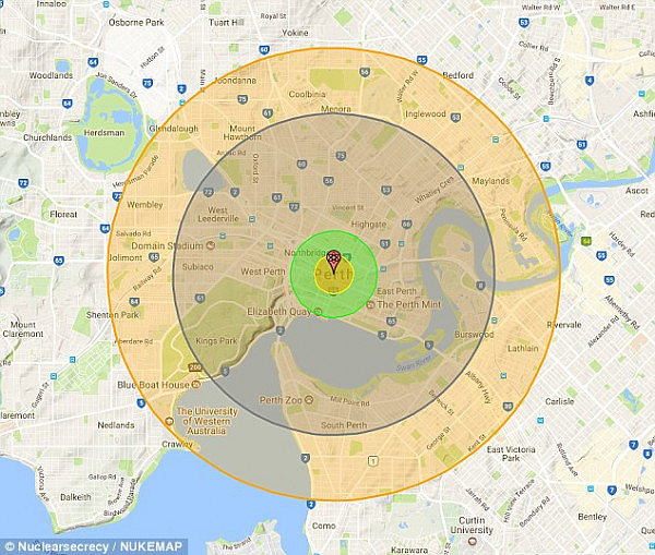 A projection of the blast radius if a North Korean nuclear missile hit the city centre of Perth