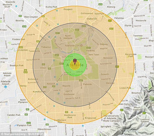 A projection of the blast radius if a North Korean nuclear missile hit the Adelaide city centre