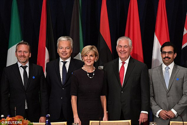 Foreign Minister Julie Bishop (pictured centre with Rex Tillerson, second right), who is visiting Washington for high-level talks, said Kim Jong-un was to blame for the crisis