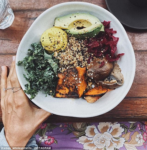 When it comes to lunchtime, Ellie is a fan of salads of 'some kind of Buddha bowl-style dish' (pictured) - filled with healthy grains, vegetable and some form of vegan protein