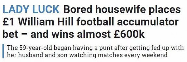 只因受够老公孩子看球赛，英国女子下注1英镑狂揽57万镑奖金（组图） - 2