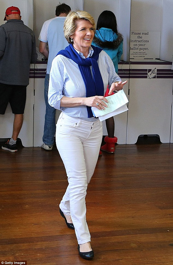 Ms Bishop is rarely seen in jeans, but she sported denim while casting her vote at the Cottesloe Civic Centre in the electorate of Curtin on election day in 2013
