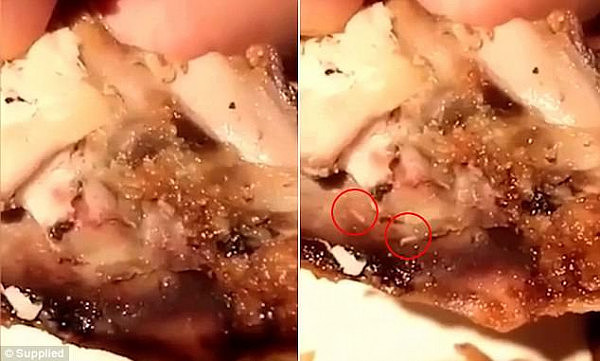 In footage taken on the day of the baby shower, Mr Estanislao notices 'more than three' maggots wriggling around inside the flesh