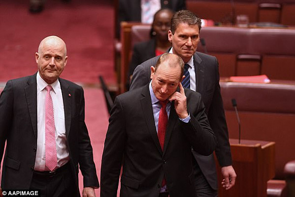 Senator Anning (pictured, middle) was sworn in on Monday, flanked by crossbench senators David Leyonhjelm (pictured, left) and Cory Bernardi (pictured, right), rather than One Nation leader Pauline Hanson or the party's other senators
