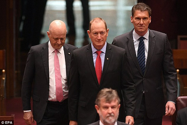 The news is a major blow for One Nation, leaving it with only three votes from Ms Hanson, and senators Brian Burston and Peter Georgiou (pictured is new senator Fraser Anning, centre, arriving for his swearing in with David Leyonhjelm, left, and Cory Bernardi, right)