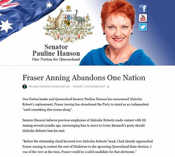In a statement (pictured) Ms Hanson said she 'asked Senators Burston and Georgiou to mediate with Mr Anning to find some common ground, but they were informed Mr Anning would stand as an Independent only minutes before he was sworn into the Senate.' 