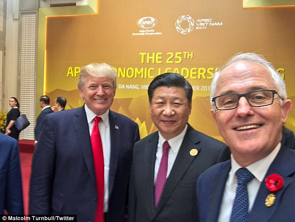 Calling the regime the single biggest threat to regional stability, Mr Turnbull (pictured, right, with US President Donald Trump and  Chinese leader Xi Jinping) said the city's regulators need to deal harshly with North Korean financial interests