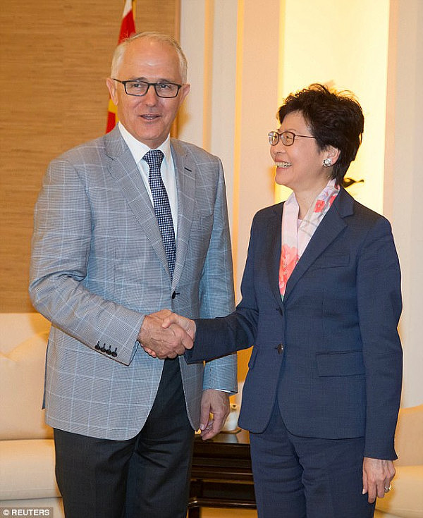 The official visit to Hong Kong is the first by an Australian leader since 1984 and Mr Turnbull (pictured, left) met with Hong Kong Chief Executive Carrie Lam (pictured, right) on Sunday