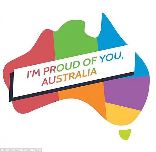 Ellen's proud! Taking to Twitter and Instagram the talk show host wrote alongside the above image: 'It’s a g’day. Way to go Australia #MarriageEquality