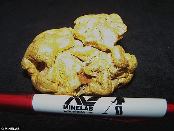 The nugget was found 15cm below ground in the Charters Towers area of North Queensland by a man using a Minelab GPX 5000 detector (pictured with the nugget)