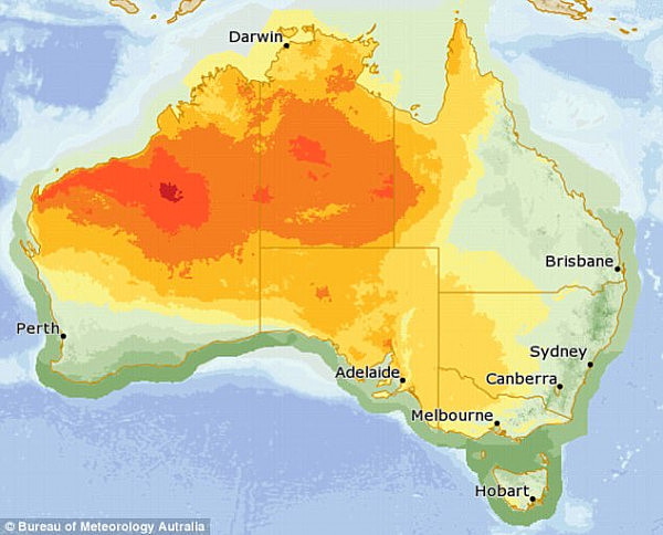 The searing temperatures are expected to endure through till at least Sunday in Melbourne (weather map pictured for Tuesday)