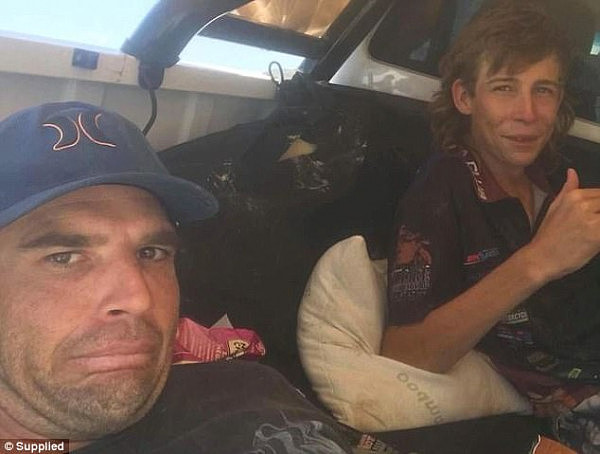 Beau Bryce-Maurice, 37, (L) and Charlie Williams, 19 (R) - along with their dog Mindee - survived four nights stranded in remote WA