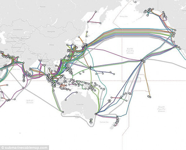 The 39,000 kilometre SEA-ME-WE3 cable linking Perth and Singapore took 50 days to fix after suffering multiple cuts in August (pictured are is Australia's undersea cable network)