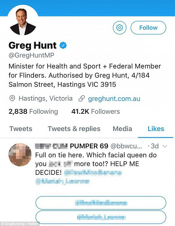 Saving face: Health Minister Greg Hunt has been silent on the possible hacking of his account