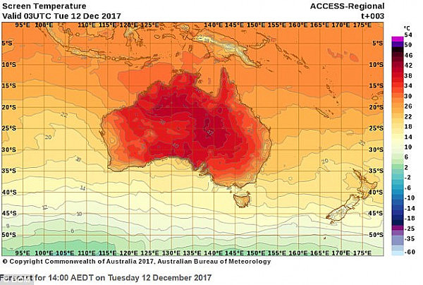 Sydney is bracing for a sweltering stretch of hot days, the hottest series of December temperatures in 17 years (pictured are nationwide temperatures on Tuesday)