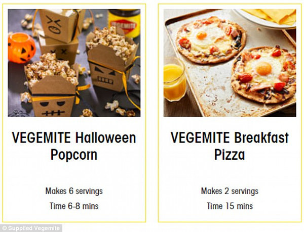 The creators of the Aussie staple suggest list of 'delicious recipes' included Vegemite Breakfast Pizza (pictured right)