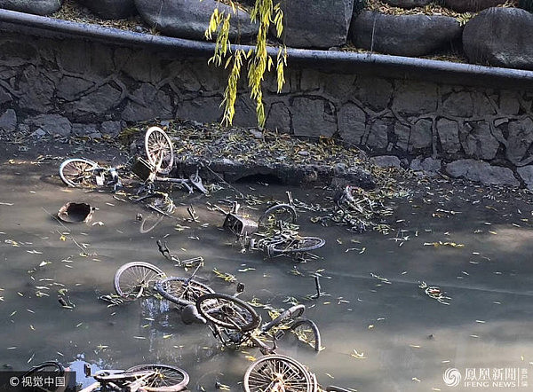 杭州：河水被抽干 河底现大批共享单车（组图） - 1