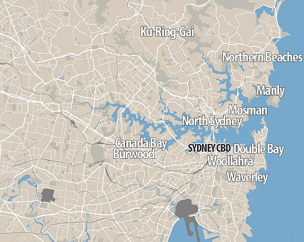 The elite suburb of Woollahra has the biggest scarcity of men, followed by wealthy Mosman, Double Bay and North Sydney (pictured is a map of the man drought hotspots)