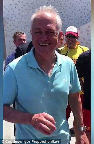 Prime Minister Malcolm Turnbull at Bondi Beach where he was confronted by Dimitri Moskovich