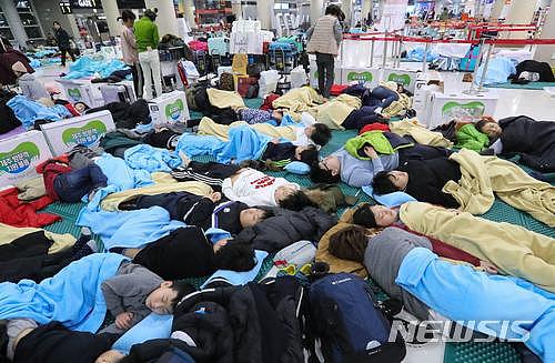 韩国济州遭暴雪袭击 2500名游客机场打地铺（组图） - 1