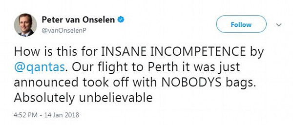 Journalist Peter van Onselen was left outraged after his flight from Sydney to Perth took off without anyone's bags 
