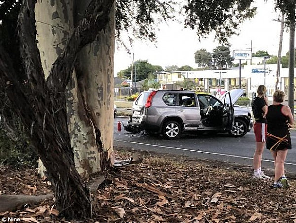 The offenders rammed a police car after being intercepted in Seaford and fled the scene, leaving behind a 35-year-old woman (pictured is the crash scene)