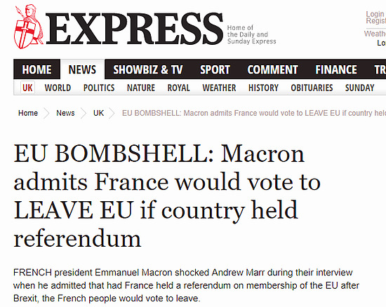 马克龙抛惊人言论:如果法国举行公投 也会脱欧!