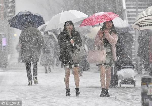 日本东京大雪交通混乱，高中女生光腿短裙雪中行（组图） - 1
