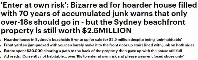 悉尼堆了70年垃圾的房子竟叫价$2500000！地产商光清出让人走的小路就花了$30000！ - 2
