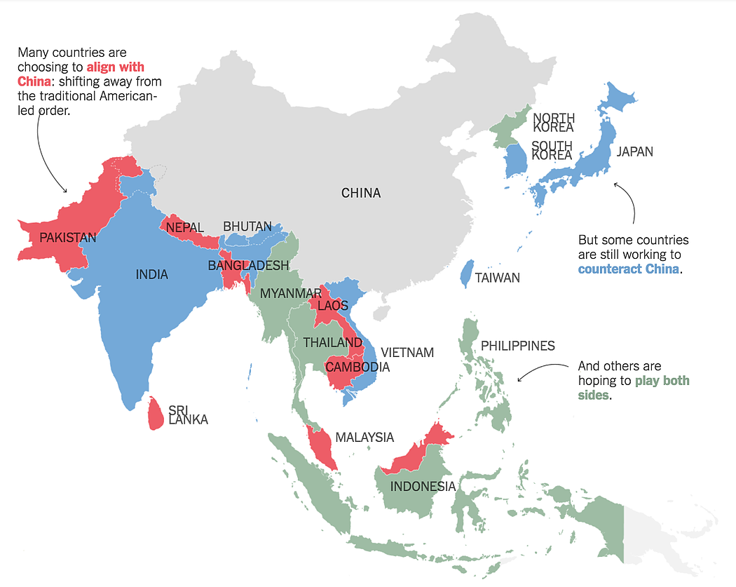这张地图说明了过去五年来各国对中国的立场是如何变化的。