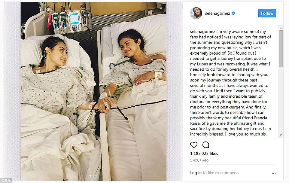 Laying low: At the end of last summer, Selena revealed that she had undergone a secret life-saving kidney transplant, involving her best friend Francia Raisa (left, pictured in their hospital beds in September)