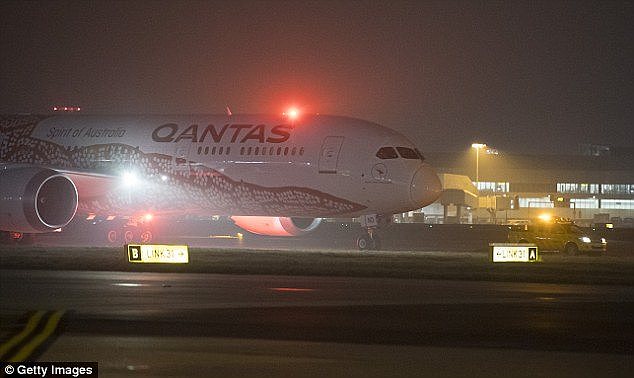 A Qantas Boeing 787 Dreamliner landing at Heathrow Airport after a direct flight from Perth to London