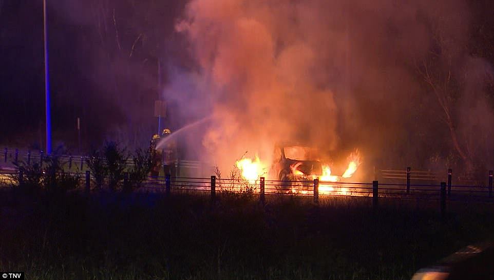 Lucky escape: The officers in the car escaped before it burst into flames on the side of the M7 in west Sydney on Sunday night