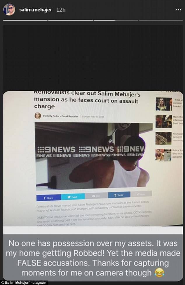 Mehajer took to Instagram on Sunday to falsely claim the helpers moving his belongings out of the house were 'looting'