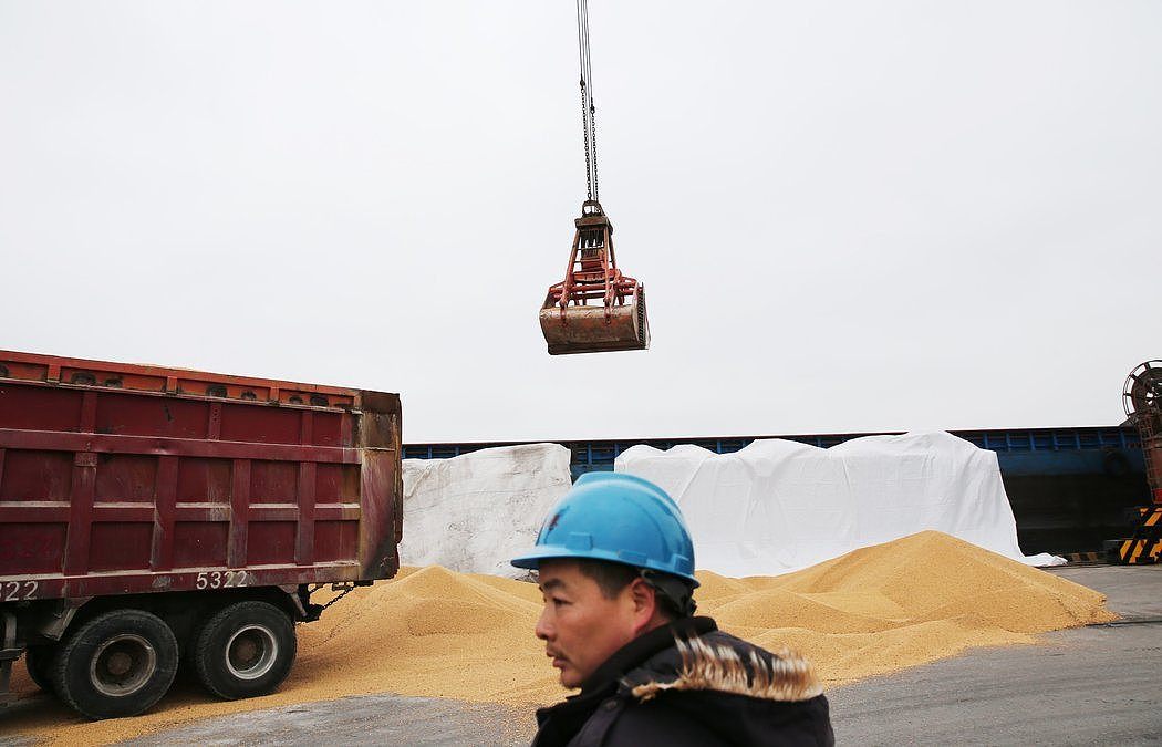 周三，在中国江苏省南通市的港口卸载进口大豆。中国表示将对美国大豆等商品提升关税。