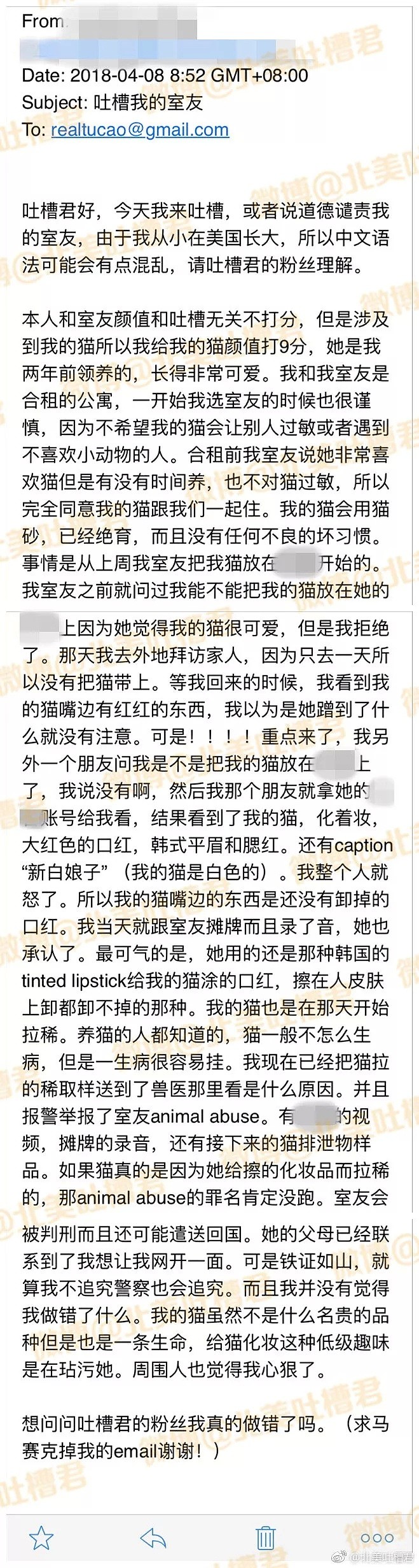 举报了私自给我的猫化妆的室友，可能导致她被遣送回国，我真的做错了吗？ - 1