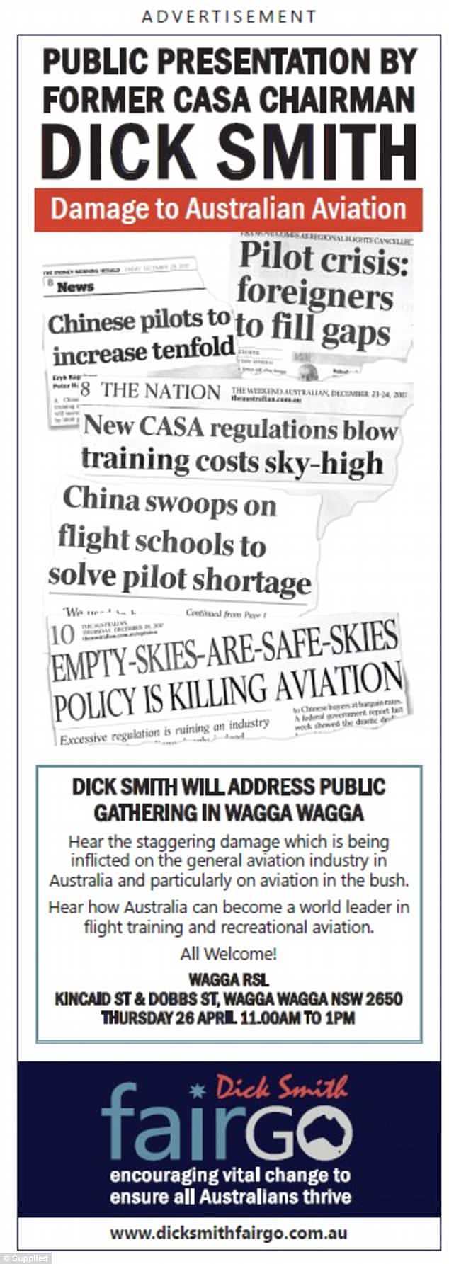 Mr Smith is taking his message to Wagga Wagga, in southern New South Wales, in a bid to put pressure on Nationals Deputy Prime Michael McCormack in his own seat and his published newspaper advertisements (pictured) 