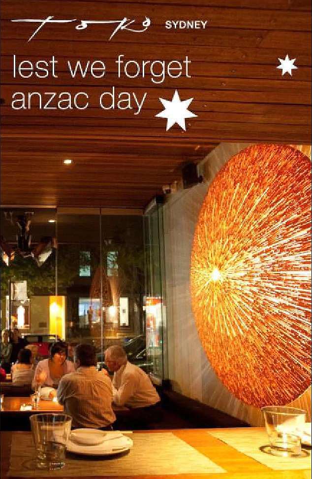 Popular Japanese restaurant Toko has been slammed after using Anzac Day to promote the venue when they emailed a flyer to their subscribers (pictured)