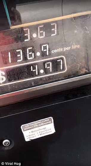 The bowser continued to increase more than $1 in ten seconds (pictured) despite any petrol pouring out of the pump