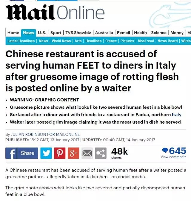 吓傻了，中餐馆疑用“人脚”做“红烧熊掌”？警方介入调查！（组图） - 1