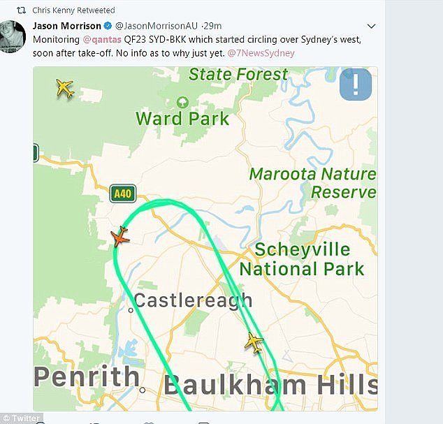 An image of the flight path of the plane showed the aircraft circling around Sydney suburbs Fairfield, Castlereagh and Baulkham Hills