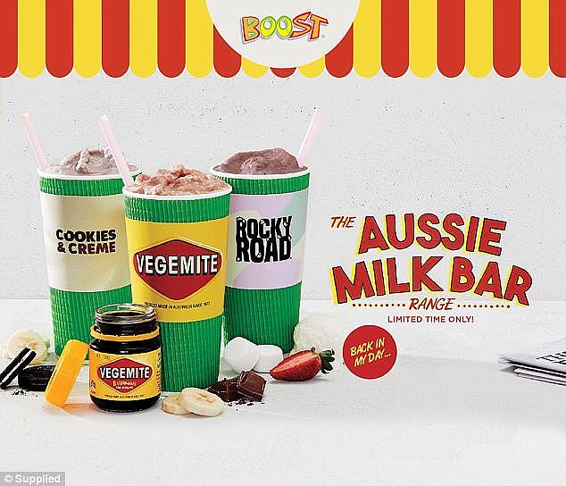 The Vegemite Boost is available for a limited time only as part of Boost Juice's new Aussie Milk Bar range of smoothies made with real fruit and an added twist. Other flavours on offer include Rocky Road and Cookies & Creme