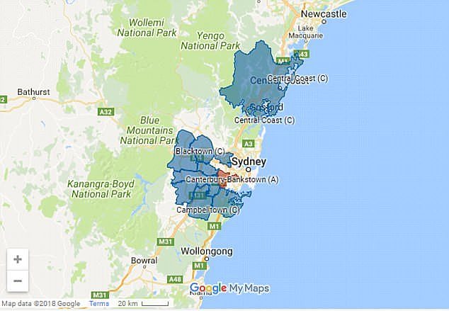 Anglo Australians are moving out of Sydney's western suburbs (highlighted) in favour of a growing ethnic population - experts say it could have catastrophic long-term implications