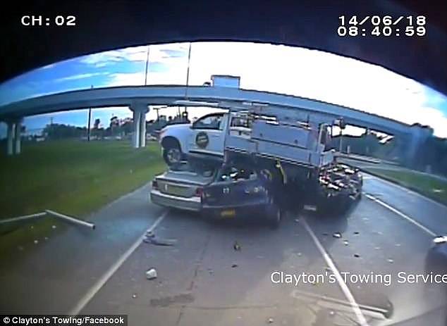 Innocent motorists escaped death in this chilling crash which saw a ute fly off an exit ramp across six lanes of traffic to land above three cars