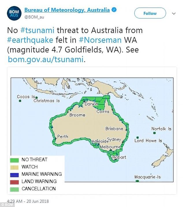 The Australian Bureau of Meteorology reported there was no tsunami threat as a result of the quake, despite the epicentre being more than 200km inland