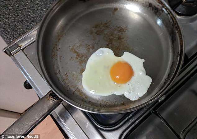 Freshly cracked and in the frying pan, the user claims the egg resembles Australia